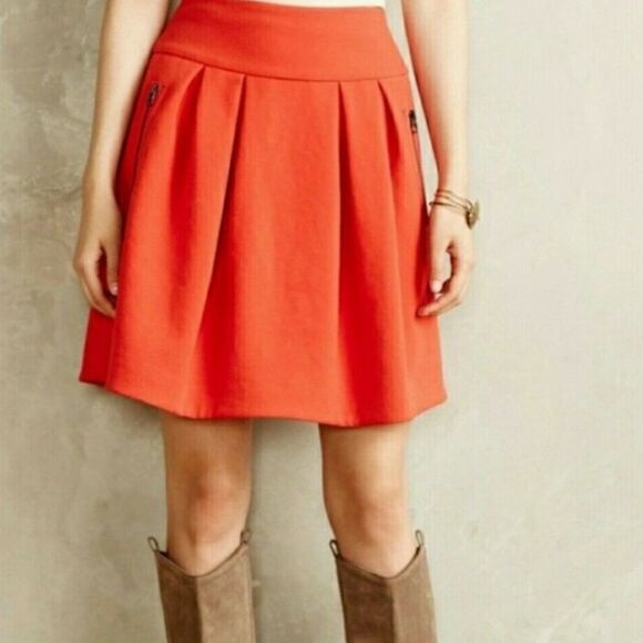 Anthropologie Maeve Scarlet Red Swing Pleated Skirt Zip Pockets - Picture 1 of 11